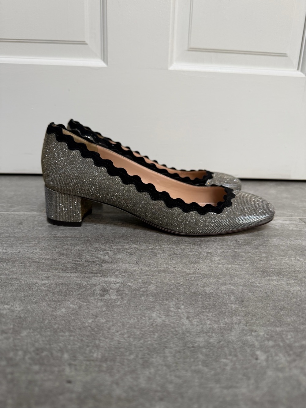 J.Crew - Silver Glitter Mid-Heel Pumps with Black Trim